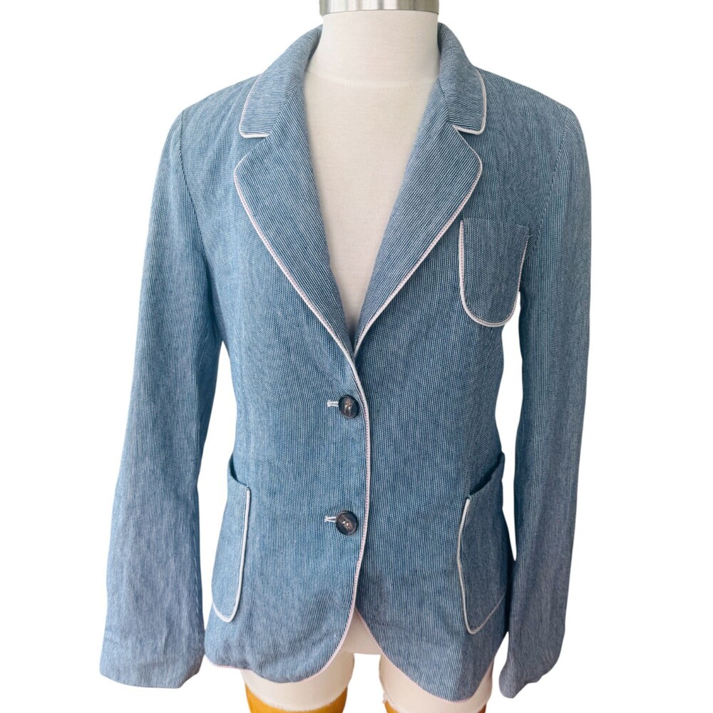 The Korner Women M Blue And White Pin-Stripe 2 Button Front Cotton Blazer
